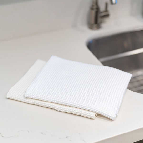 Ivory & White Cotton Waffle Weave Knit Dish Towel, Set of 2