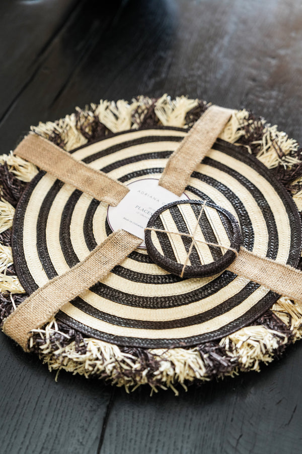 Zenu Placemat and Coaster Set, Black/Natural, Set of 4
