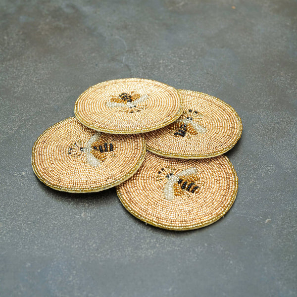 Handmade Beaded Bee Coasters, Gold, Set of 4