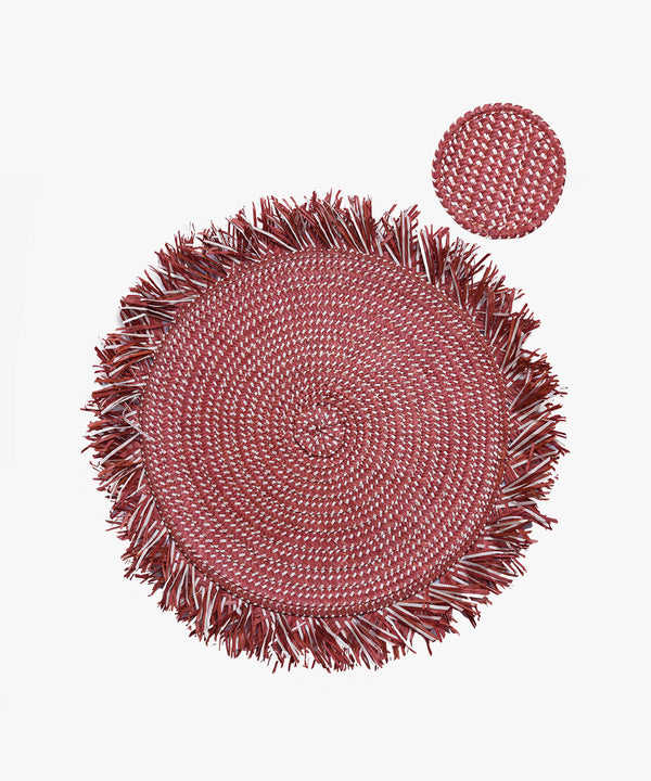 Zenu Placemat and Coaster Set, Burgundy/Natural, Set of 4